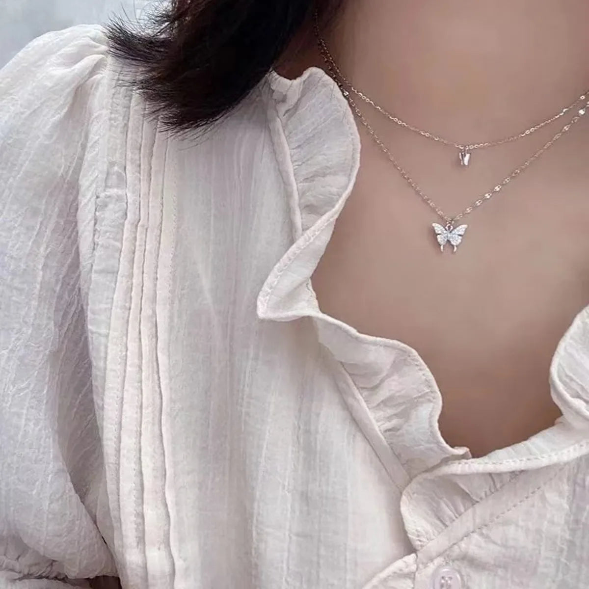 Sparkling Double Layer Butterfly Necklace Collar Chain Jewelry