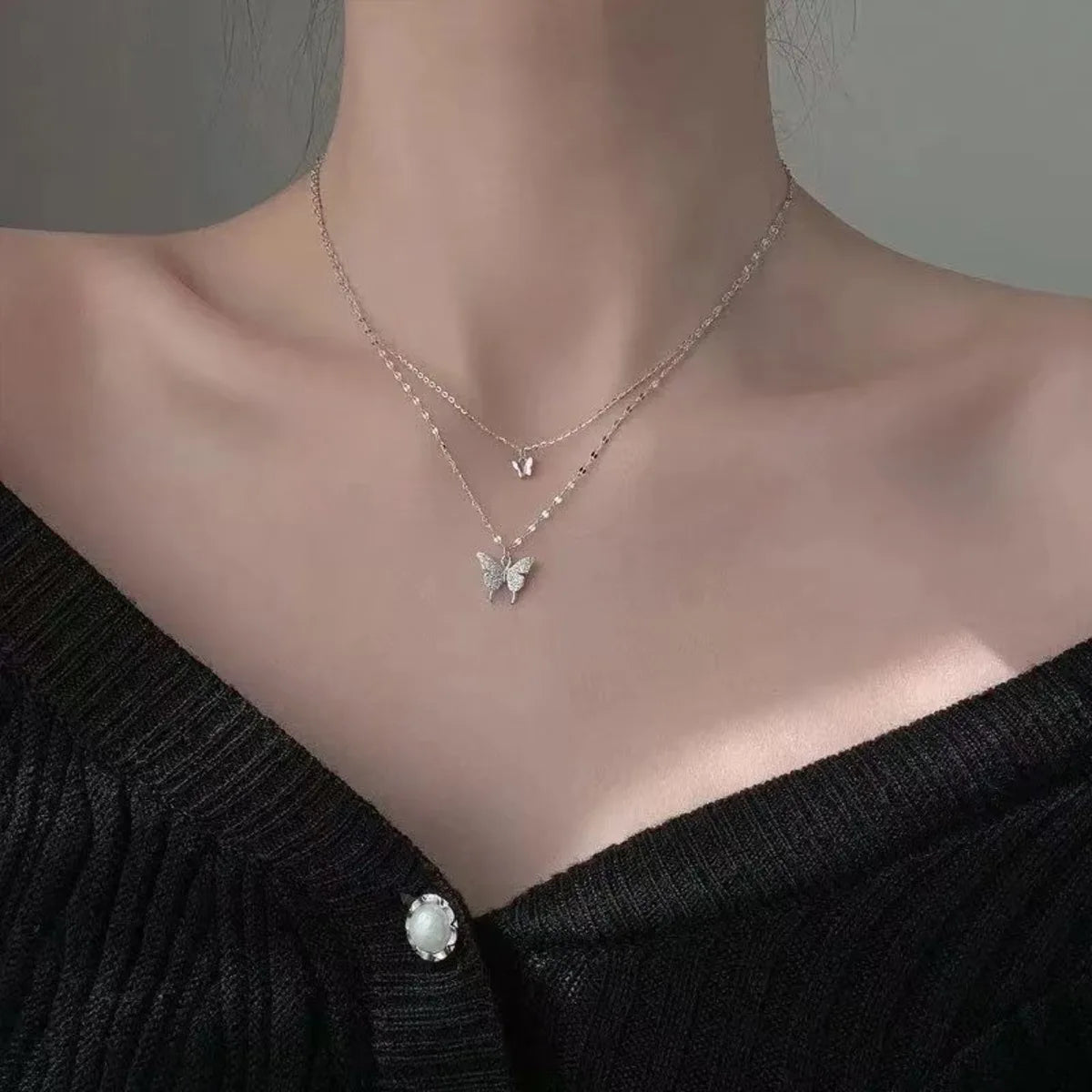 Sparkling Double Layer Butterfly Necklace Collar Chain Jewelry