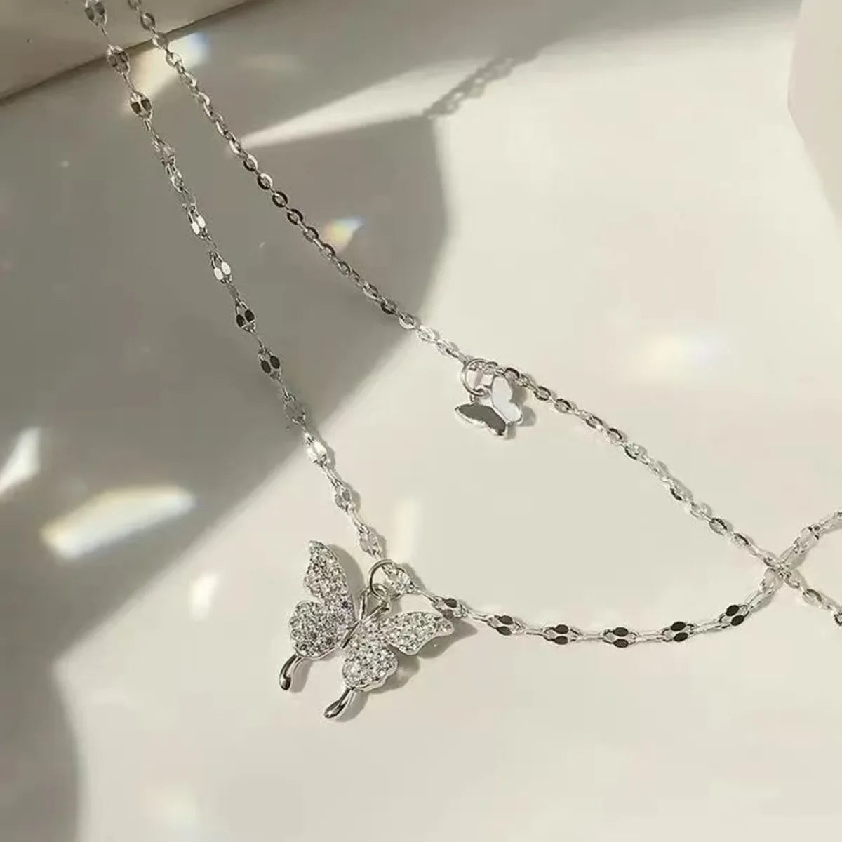 Sparkling Double Layer Butterfly Necklace Collar Chain Jewelry