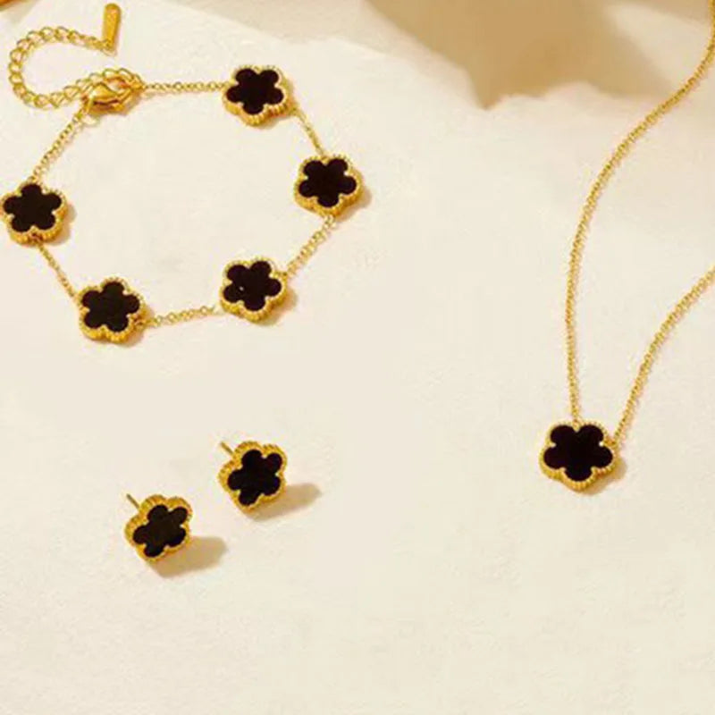 3 pieces of stainless steel blossom five leaf necklace, bracelet, earrings, jewelry set