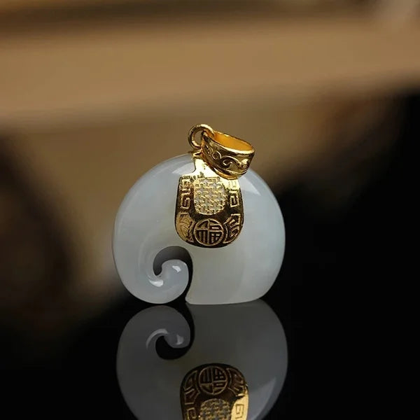 Natural Stone Jade Elephant Pendant 18K Gold Plated Chain Necklace