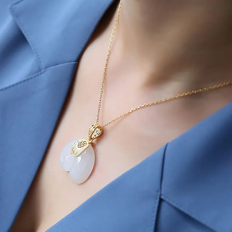 Natural Stone Jade Elephant Pendant 18K Gold Plated Chain Necklace