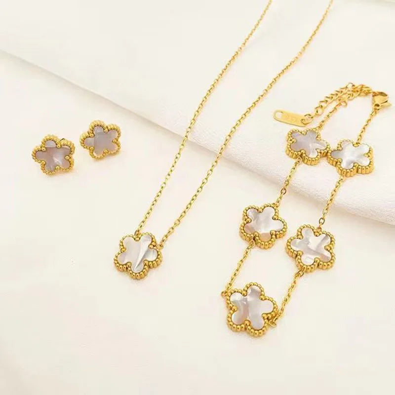 3 pieces of stainless steel blossom five leaf necklace, bracelet, earrings, jewelry set