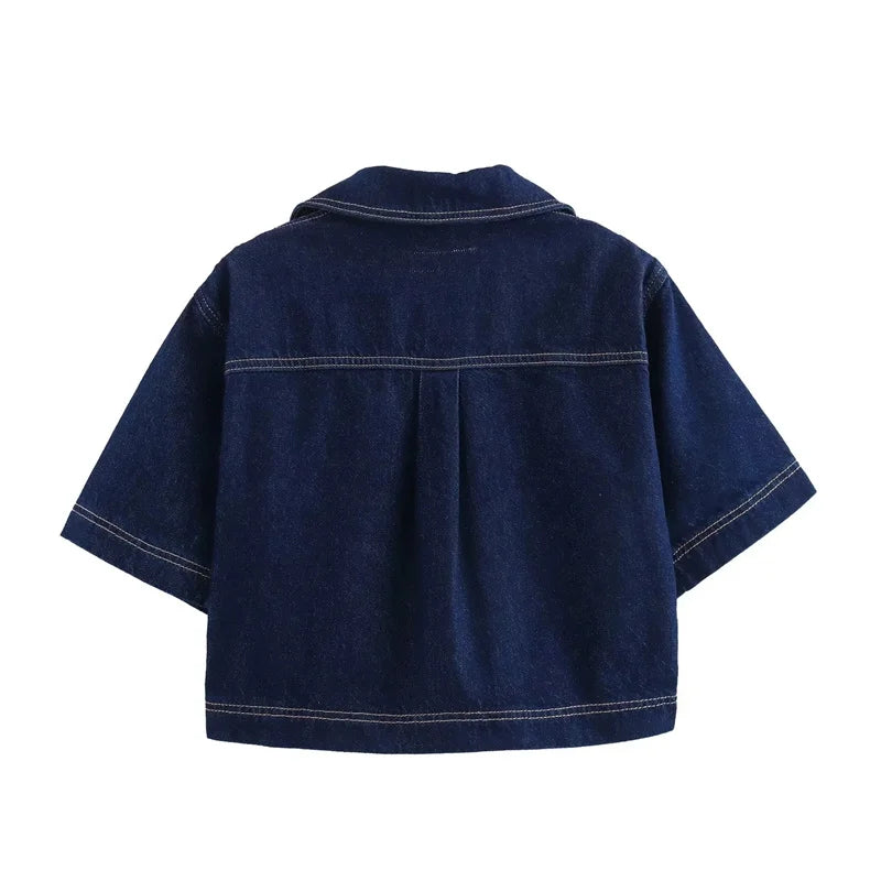 Blue Denim Short Sleeve Cropped Shirt