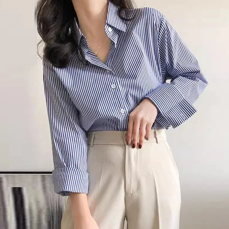 Classic Collared Striped Blouses Lantern Sleeve