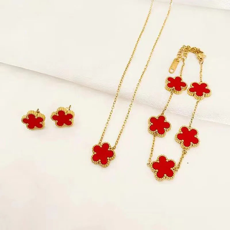 3 pieces of stainless steel blossom five leaf necklace, bracelet, earrings, jewelry set