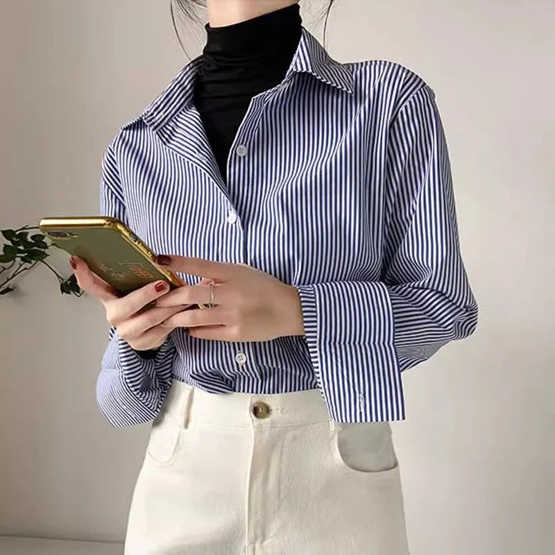 Classic Collared Striped Blouses Lantern Sleeve