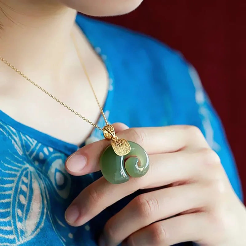 Natural Stone Jade Elephant Pendant 18K Gold Plated Chain Necklace