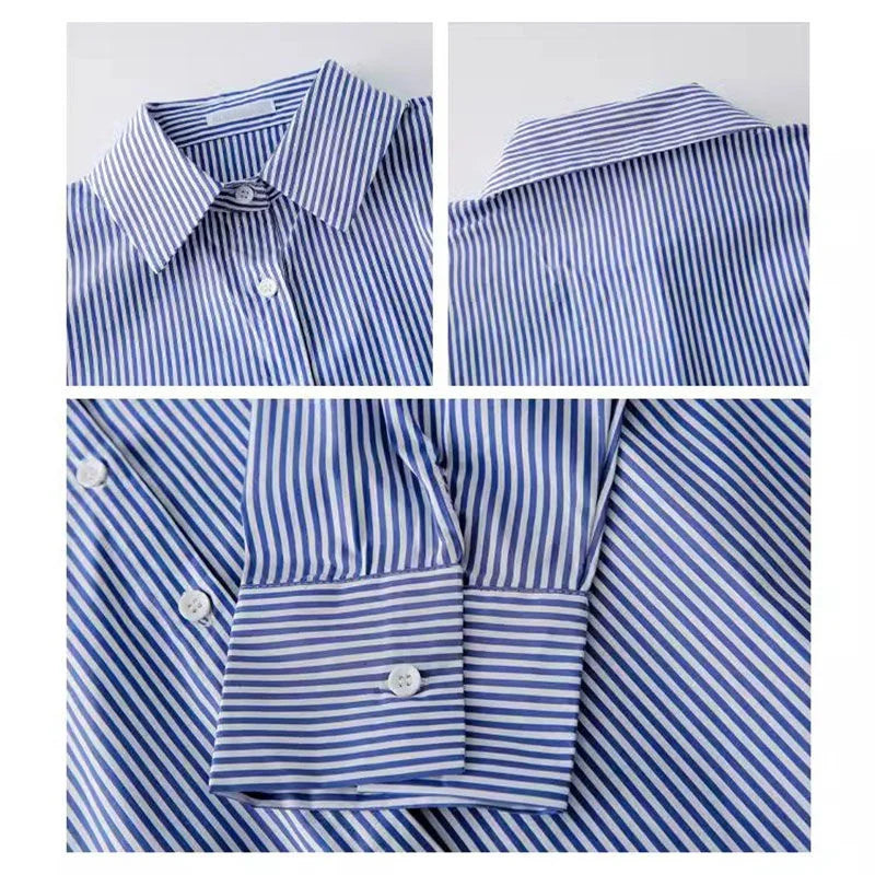 Classic Collared Striped Blouses Lantern Sleeve