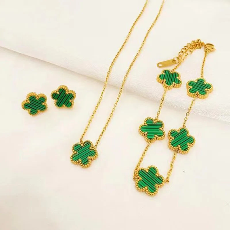 3 pieces of stainless steel blossom five leaf necklace, bracelet, earrings, jewelry set