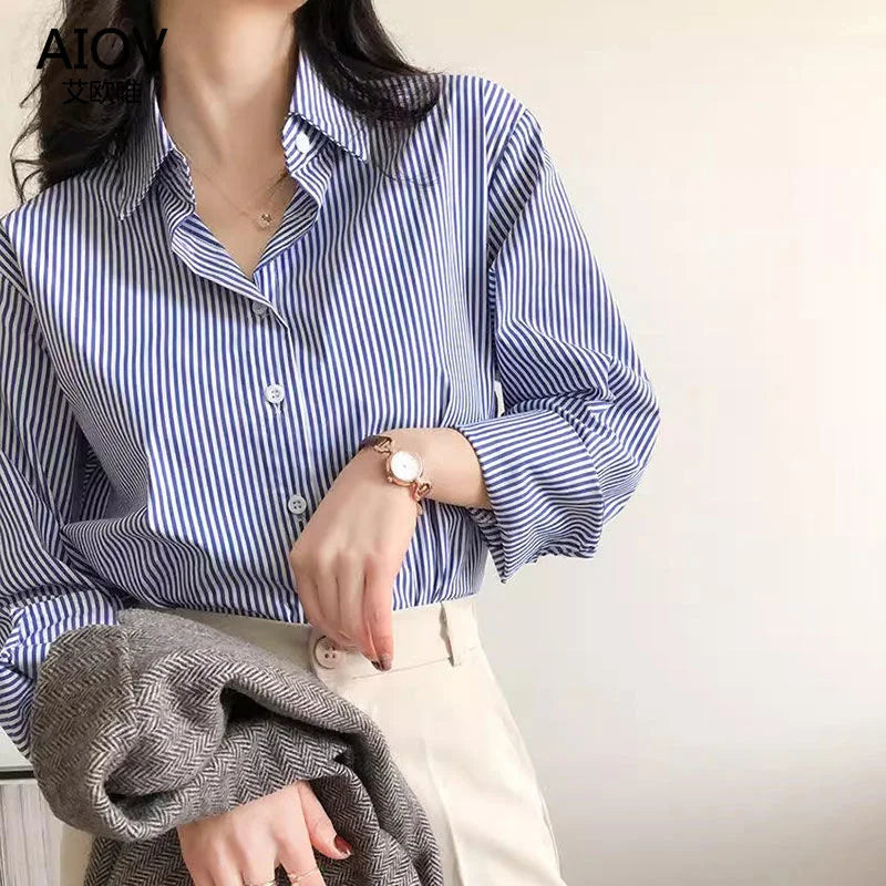 Classic Collared Striped Blouses Lantern Sleeve