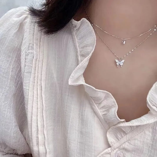 Sparkling Double Layer Butterfly Necklace Collar Chain Jewelry