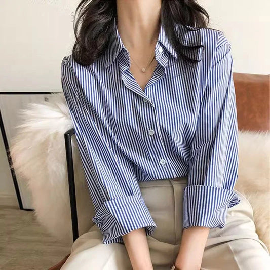 Classic Collared Striped Blouses Lantern Sleeve