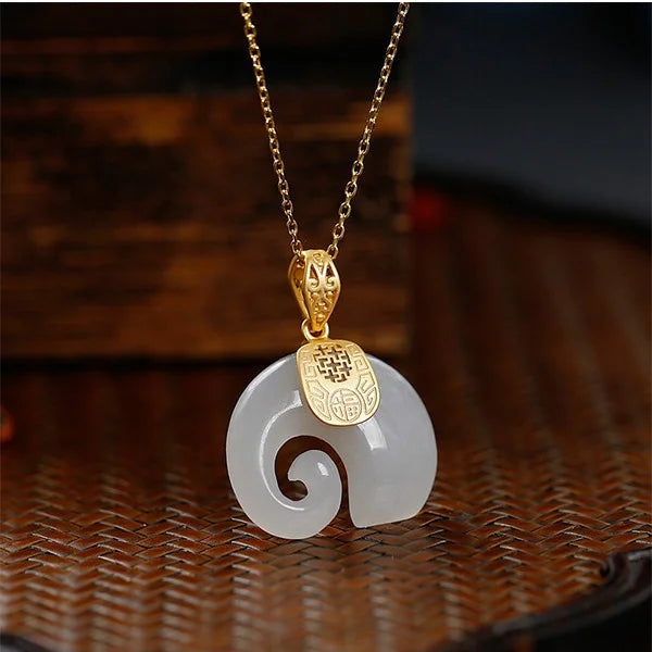 Natural Stone Jade Elephant Pendant 18K Gold Plated Chain Necklace