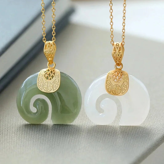 Natural Stone Jade Elephant Pendant 18K Gold Plated Chain Necklace