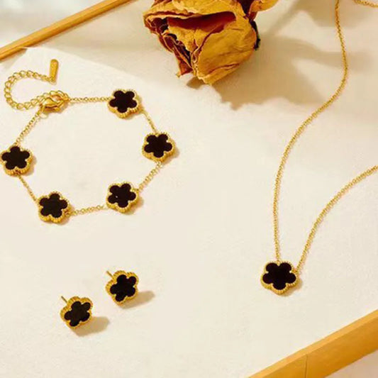 3 pieces of stainless steel blossom five leaf necklace, bracelet, earrings, jewelry set