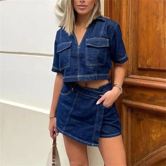 Blue Denim Short Sleeve Cropped Shirt